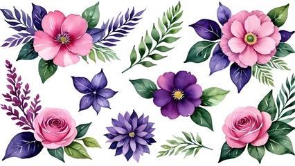  purple pink floral watercolor arrangements. set of flowers. greeting card, wedding decoration, mothers day card, invitation card. © Mohana