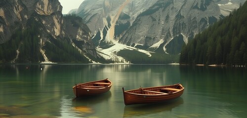 Pristine Braies Lake reveals rowboats against the backdrop of Dolomites, creating a picturesque HD scene.