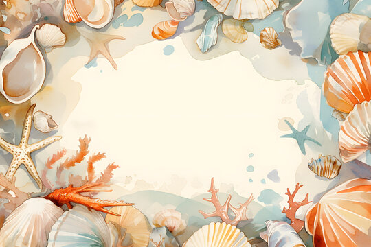 Cute cartoon shell frame border on background in watercolor style.