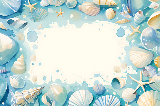 Cute cartoon shell frame border on background in watercolor style.