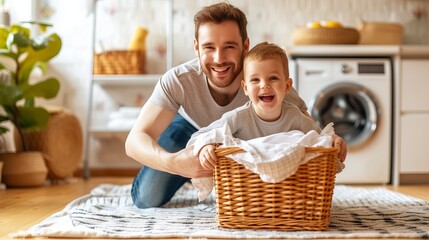 Father and son loading dirty laundry into washing machine at home together, household chores concept - obrazy, fototapety, plakaty