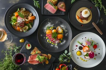 A magazine-style layout of a diverse food and drink menu, capturing the essence of fine dining with a focus on artistic presentation and culinary excellence.