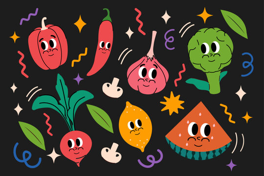 Set of happy and cheerful fruits and vegetables in trendy groovy style. Vector illustration. Isolated. Berries juicy character. Retro 2000s. elements. Emotions and expressions. Collection smiling face