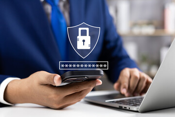 Cybersecurity and privacy concepts, User interacting with a secure login interface adorned with a screen padlock. Internet network security technology. Encryption secure, Data protection.