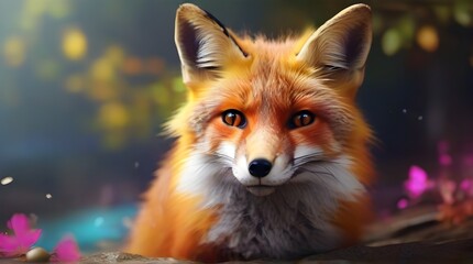 Red fox sitting on a rock in the forest, 3d illustration