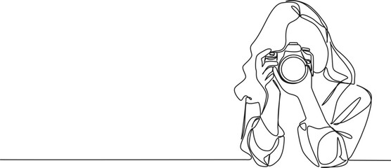 continuous single line drawing of woman with DSLR camera taking pictures, line art vector illustration - obrazy, fototapety, plakaty