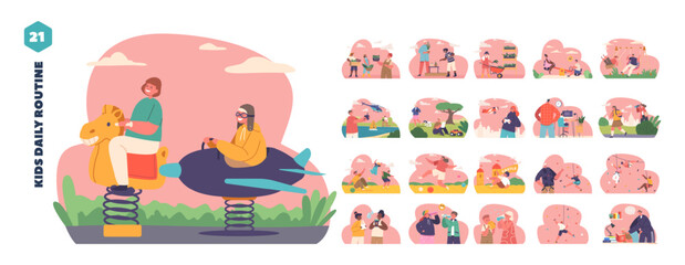 Isolated Elements with Kids Daily Routines and Activities. Little Boys and Girls Characters Drinking, Playing, Learning