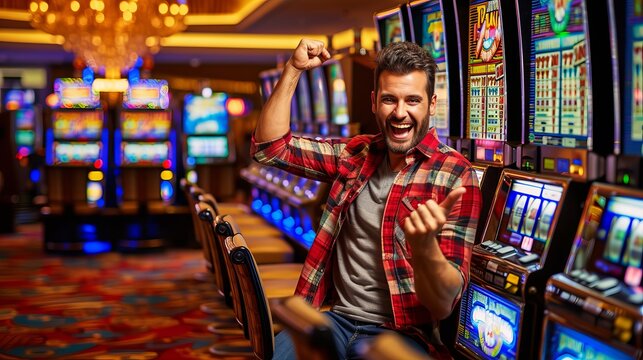 Excited gambler celebrating a big win at the casino slot machines with a joyful expression