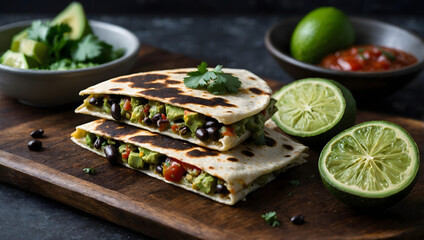 Avocado and black bean quesadillas with a cilantro lime dipping sauce. - obrazy, fototapety, plakaty