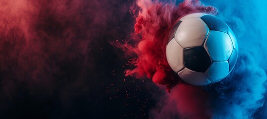 Colorful smoke soccer ball on black background with copy space for text placement