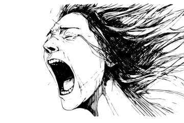 Fotobehang Angry scream woman hand drawn ink sketch. Emotional girl vector illustration. © Artem