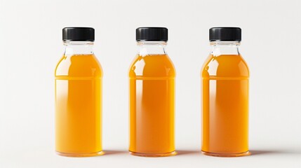 Three unlabeled bottles of natural vegetable or fruit juices, each with a black cap, isolated on a white background