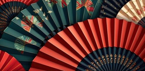 Japanese fans on a multicolored background. The concept of Japanese culture and traditions.