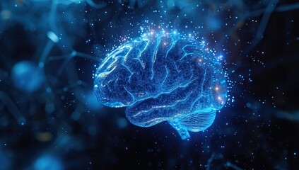 A brain with blue glowing outlines against a backdrop of space. The concept of intelligence and neuroscience. - obrazy, fototapety, plakaty