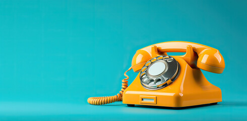 A bright yellow phone on a blue background. The concept of communication and retro style.