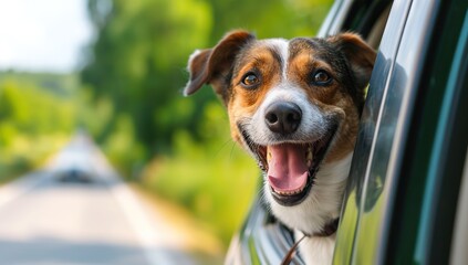 Dog peeking out of a car window. The concept of freedom and joy.