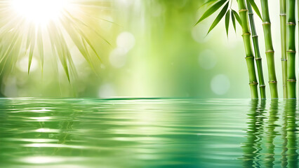 spa background banner with green bamboo leaf on white transparent water wave in sunlight concept....