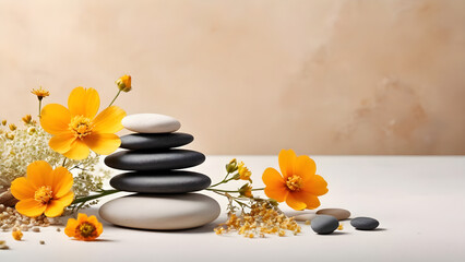 spa balance meditation and zen minimal modern concept stack of stone pebbles against beige wall