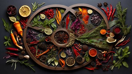 Explore the diverse world of herbs and spices with a visually descriptive wheel, showcasing a range of styles and variations for each ingredient.