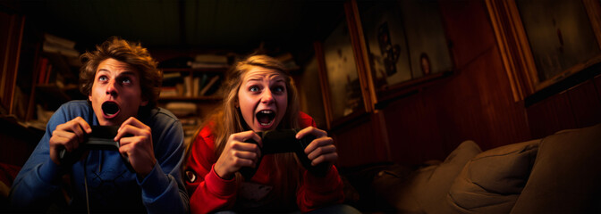 Adolescents immersed in gaming glow from screen light in a dim setting, faces etched with fervor and focus. This image encapsulates youthful engagement and digital entertainment.