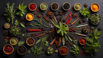 A vibrant and colorful herb and spice wheel, with each ingredient depicted in stunning detail and unique style.