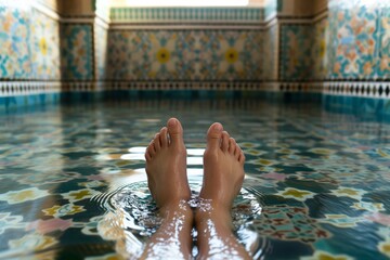 feet wading in a shallow hammam water feature - obrazy, fototapety, plakaty