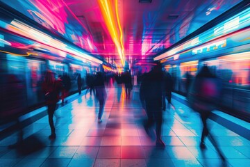 Commuters silhouettes in subway station, train station or airport. Rush Hour in public transport with abstract colorful light trails