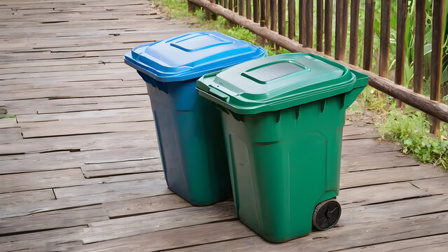 trash can with garbage bin on dirty wood background green garbage bin