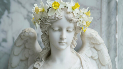 A radiant angel adorned with a crown of daffodils symbolizing the renewal and rebirth of springtime.