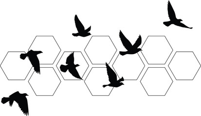 Flying birds silhouettes pattern wallpaper. PNG transparent. isolated bird flying. tattoo design. template for card, package, and wallpaper.