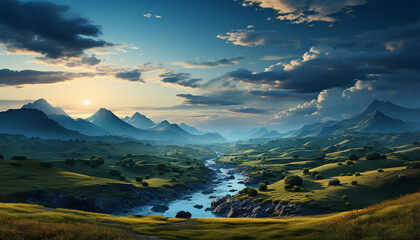 Majestic mountain peak reflects tranquil sunset on grassy meadow generated by AI