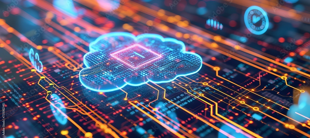 Poster cloud security with end to end encryption symbols in dramatic composition with copy space