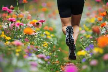 jogger wearing heart rate monitor amidst flower path - obrazy, fototapety, plakaty