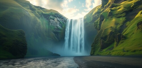 The majestic Skogafoss waterfall in Iceland cascades down from rugged cliffs, its pristine waters enveloped in a fine mist under the glow of the Northern Lights dancing overhead.