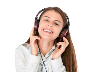 Portrait, smile and woman with headphones for music, podcast or album in studio isolated on white background. Face, radio and happy person listening to audio, sound and streaming song with technology