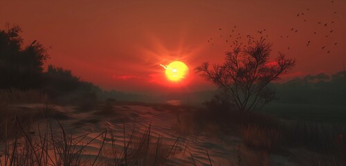 The sun dips below the horizon, casting a fiery glow over the dune beach landscape.