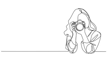 animated continuous single line drawing of woman with DSLR camera taking pictures, line art animation