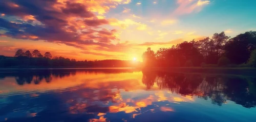 Papier Peint photo Lavable Réflexion The sun rises over a tranquil lake, its surface smooth as glass, reflecting the fiery colors of dawn and the silhouettes of trees lining the water's edge.