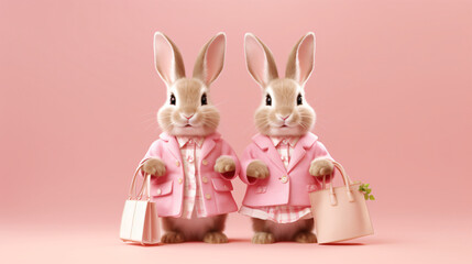 Two cute rabbits in clothes go shopping on pink background.