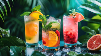 Fototapeta premium refreshment fruit cocktails with vibrant garnishes, set against a backdrop of lush tropical foliage and scattered ice cubes.