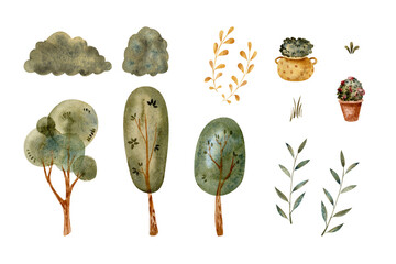 garden plants and trees set is watercolor hand illustration