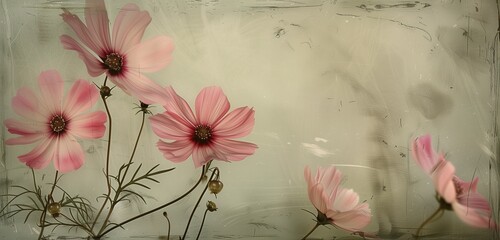 Timeless beauty unfolds as cosmos flowers sway in the gentle breeze against a vintage backdrop.