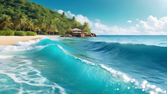 turquoise water wave background concept for an idyllic resort at the sea with space over the waves. beautiful nature sea ocen beautiful highland. AI generated image