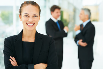 Businesswoman, office and confidence in leadership, portrait and pride for training in meeting....