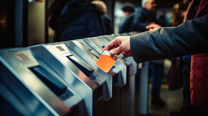 A hand is inserting a credit card into a terminal, highlighting an efficient payment process in a bustling cityscape, underscoring the ease of modern financial transactions.