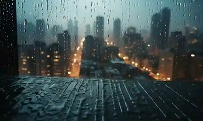 Medium shot of Water droplets on a window panel of an high floor apartment building overlooking blurry urban,building during rain day at day