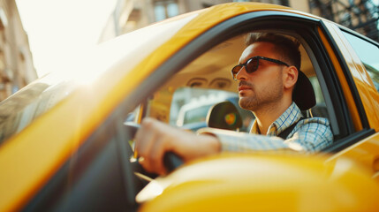 Naklejka premium Taxi driver wearing a sunglasses, inside the car. Banner