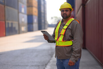 Foreman using walkie-talkie radio is loading container boxes Engineer or worker with hard hat working at shipping site and inspecting industrial cargo ship
