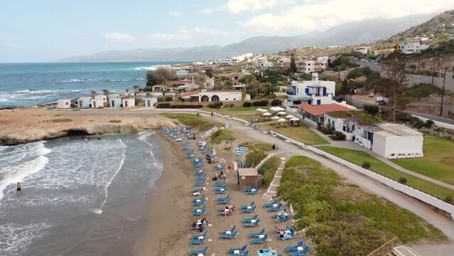Aerial view of the coastline of the city of Hersonissos on the Greek island of Crete.