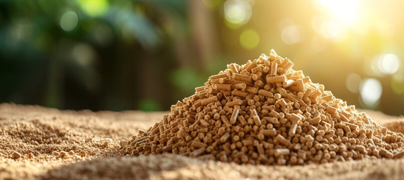 Pile of biomass wood pellets and firewood stack on blurred background with copy space for text